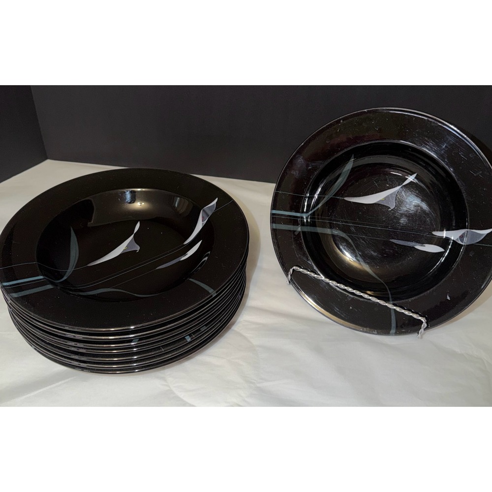 Mikasa Opus Black  Soup Bowls Set of 8  Calla Lily Floral Japan FK701 Dinner 9"